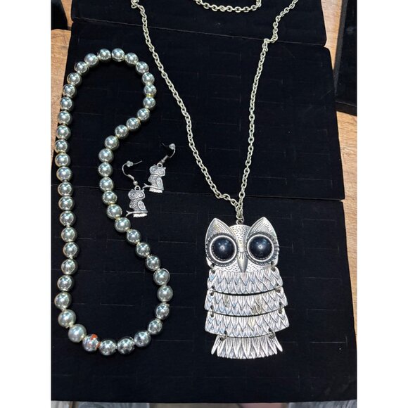 Vintage Silver Owl Pendant Necklace & Earrings Set 18 Chain Articulated Pendant - Picture 6 of 12